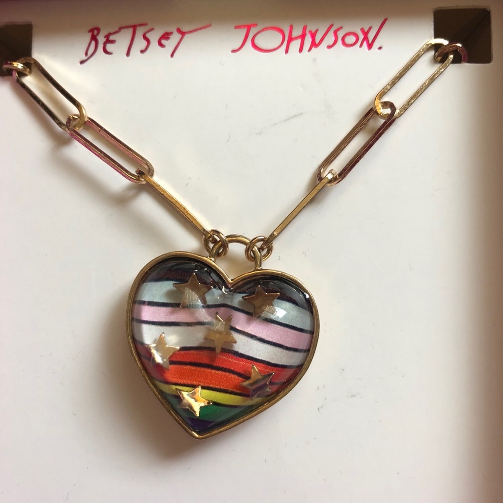 Betsey Johnson Gold Tone One Love Paper Clip Link Necklace Rainbow Heart NIB
